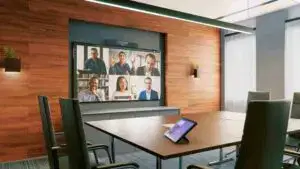 Conference room with video call.