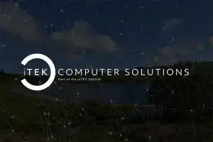 iTEK Computer Solutions logo overlayed on a scenic landscape background with a connected digital network graphic.