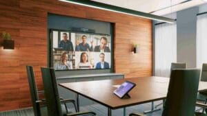 Conference room with video call.