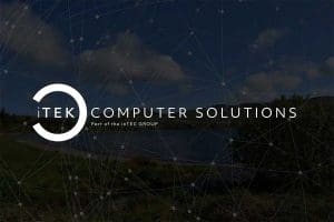 iTEK Computer Solutions logo overlayed on a scenic landscape background with a connected digital network graphic.